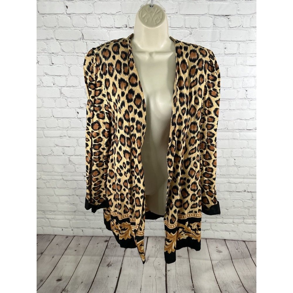 VTG Periwinkle Cheetah Print Shoulder Pad Open Front Long Sleeve Cardigan USA 18